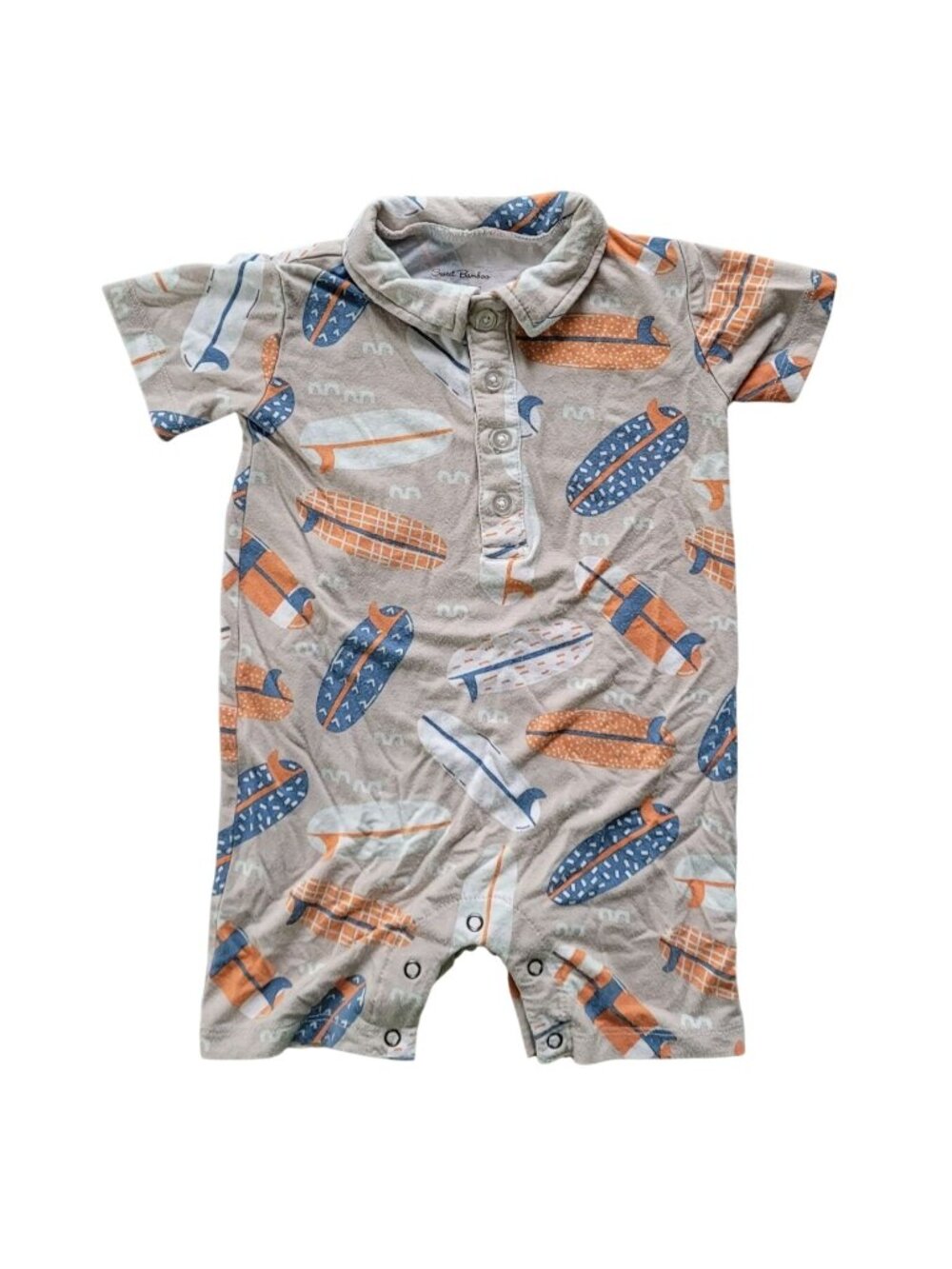 Sweet Bamboo Boys One Piece Romper Tan 6-12M Short Sleeves Shorts Polo Surfboard